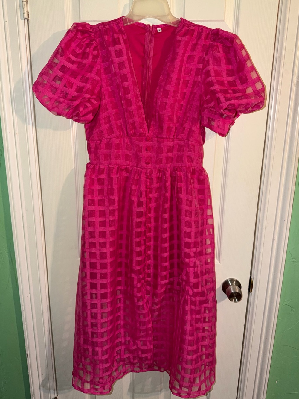 Hot Pink Puff-Sleeve V-Neck Dress - Large